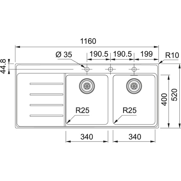 Dubbele spoelbak Franke MYX221TLL1 detail 1