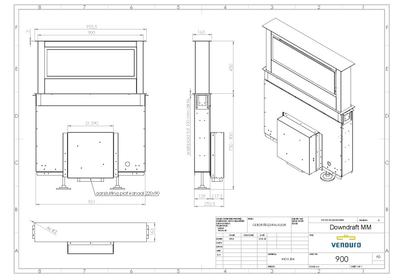 Dampkap in het werkblad Venduro D-DRAFTI90MM detail 1