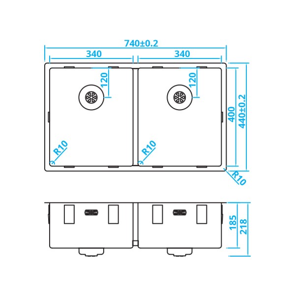 Dubbele spoelbak Caressi CAPP3434R10 detail 1