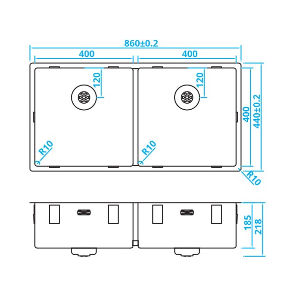 Evier 2 bassins Caressi CAPP4040R10 detail 1