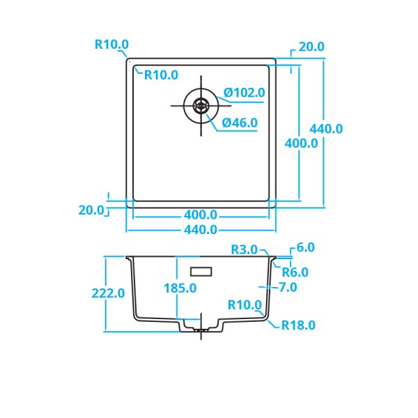 Enkele spoelbak Caressi CAGRPP40BK-FL detail 1