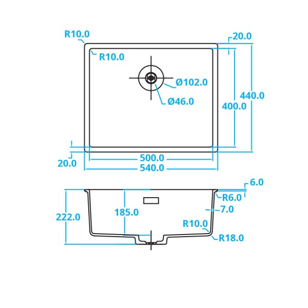 Evier 1 bassin Caressi CAGRPP50BK-FL detail 1