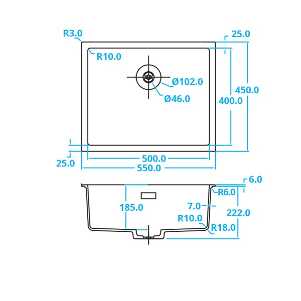 Enkele spoelbak Caressi CAGRPP50BK-TU detail 1