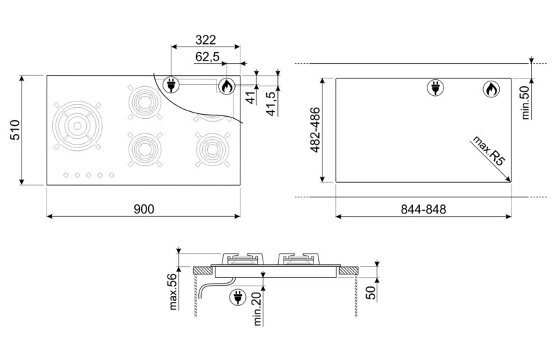 Kookplaat  gas Smeg PV395LN detail 3