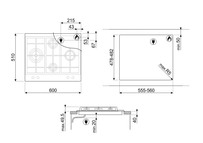 Taque de cuisson au gaz Smeg PX364LMB detail 1
