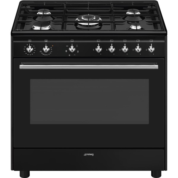 Cuisinière avec taque de cuisson au gaz Smeg CX91GMBL/zwart vooraanzicht