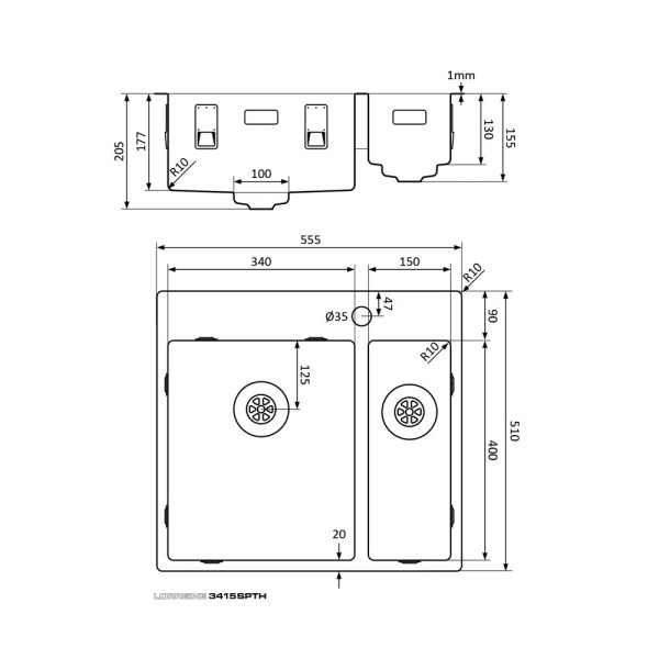 Anderhalve spoelbak Lorreine 3415SPTH detail 1