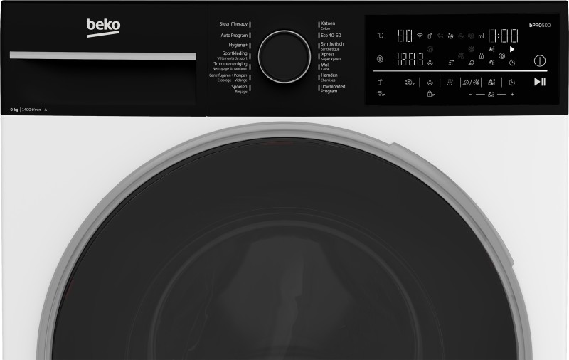 Wasmachine Beko B5WFT89436W/zwarte deur detail 1