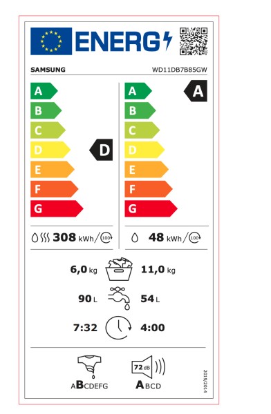 Was en droog combinatie Samsung WD11DB7B85GWU3/was droog detail 4