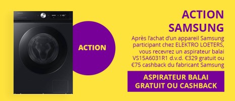 Aspirateur balai vs15a6031r d.v.d. €329 gratuit ou €75 cashback - du fabricant samsung, apres achat chez loeters