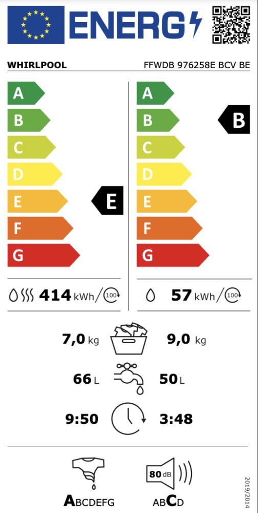 Whirlpool Was en droog combinatie FFWDB 976258 E BCV BE